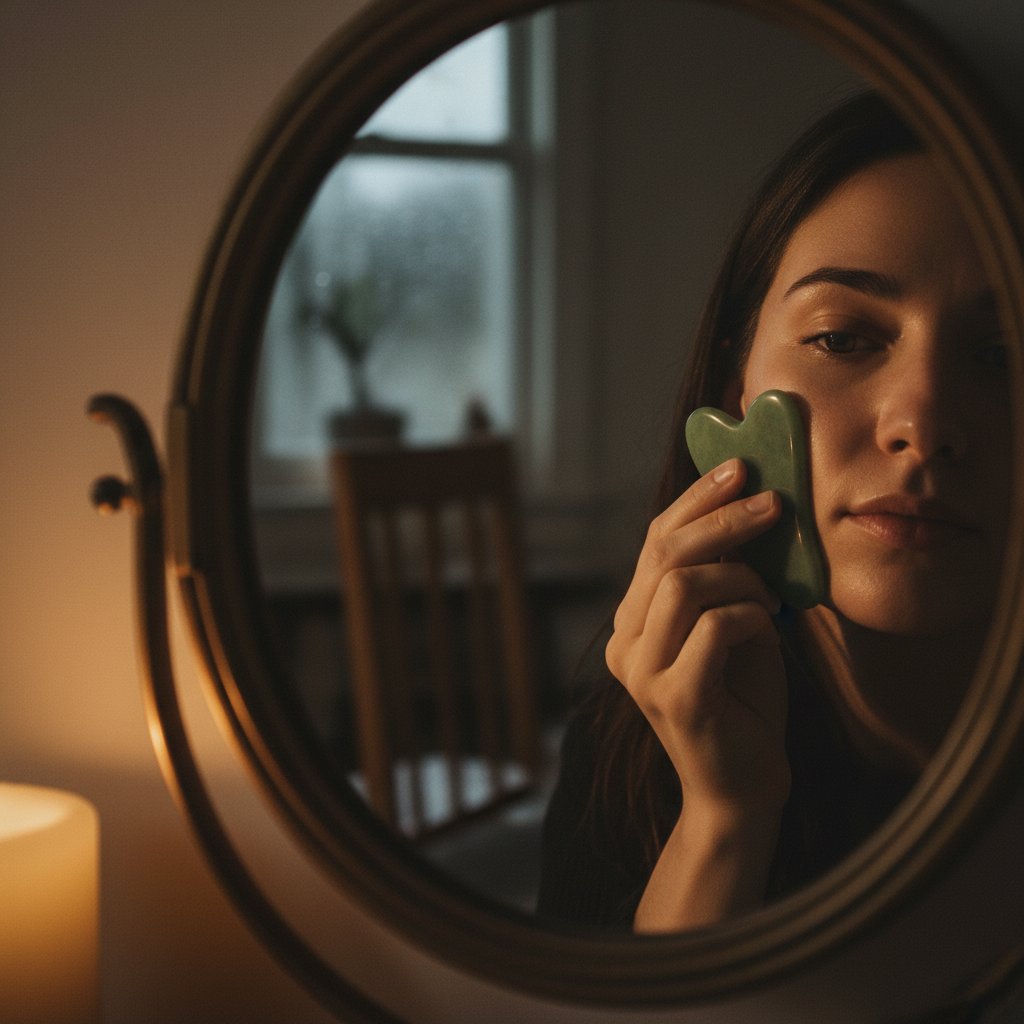 Osoba trzymająca gua sha patrzy na siebie w lustrze, zamyślona