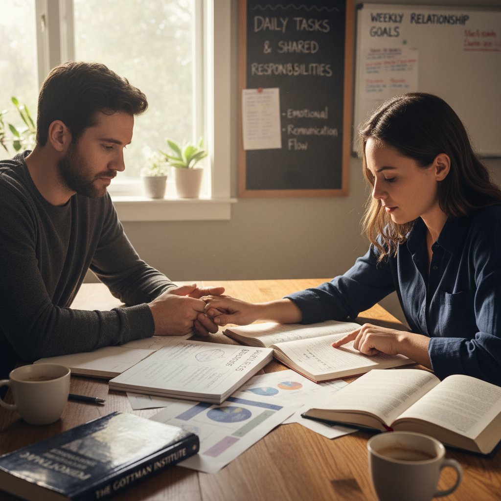 Person holding hands with partner at a kitchen table, symbolizing emotional labor in relationships