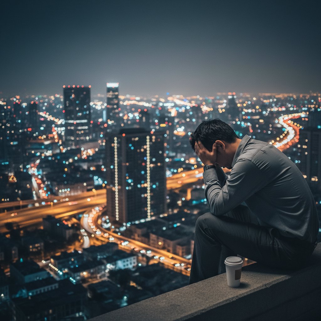 Zdjęcie osoby z zamkniętymi oczami, trzymającej się za głowę, w tle rozmyte światła miasta, obrazujące napięcie psychiczne