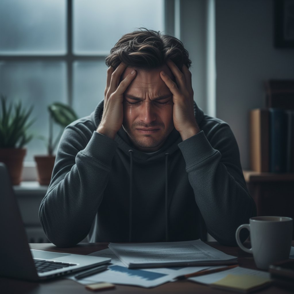 Osoba trzymająca się za głowę, wyraźnie odczuwająca stres