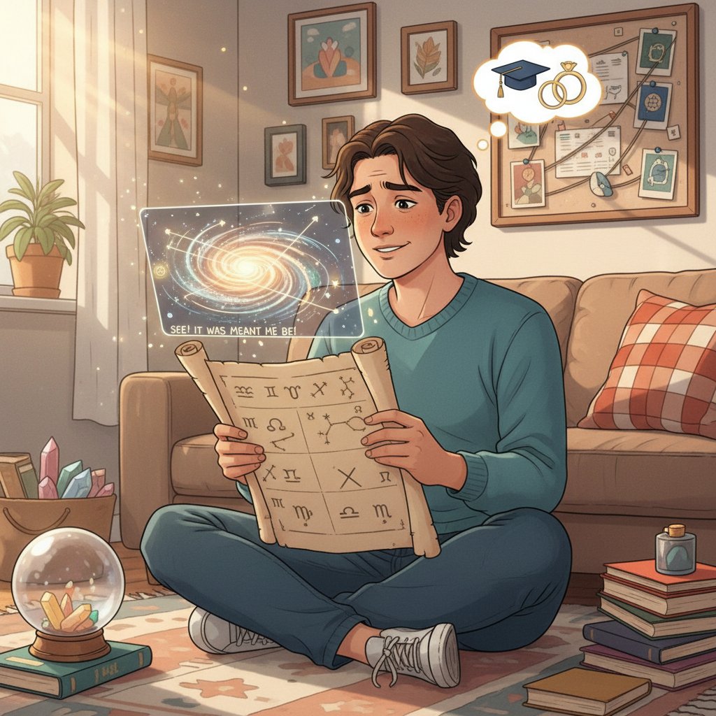 Osoba trzymająca horoskop i myśląca o swoim losie – ilustracja efektu potwierdzenia