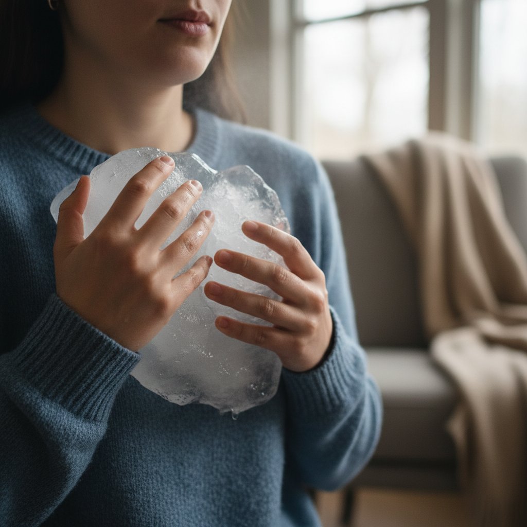 Zdjęcie osoby trzymającej lód i zerkającej na kamerę – ilustrujące pagofagię i ukryte motywacje