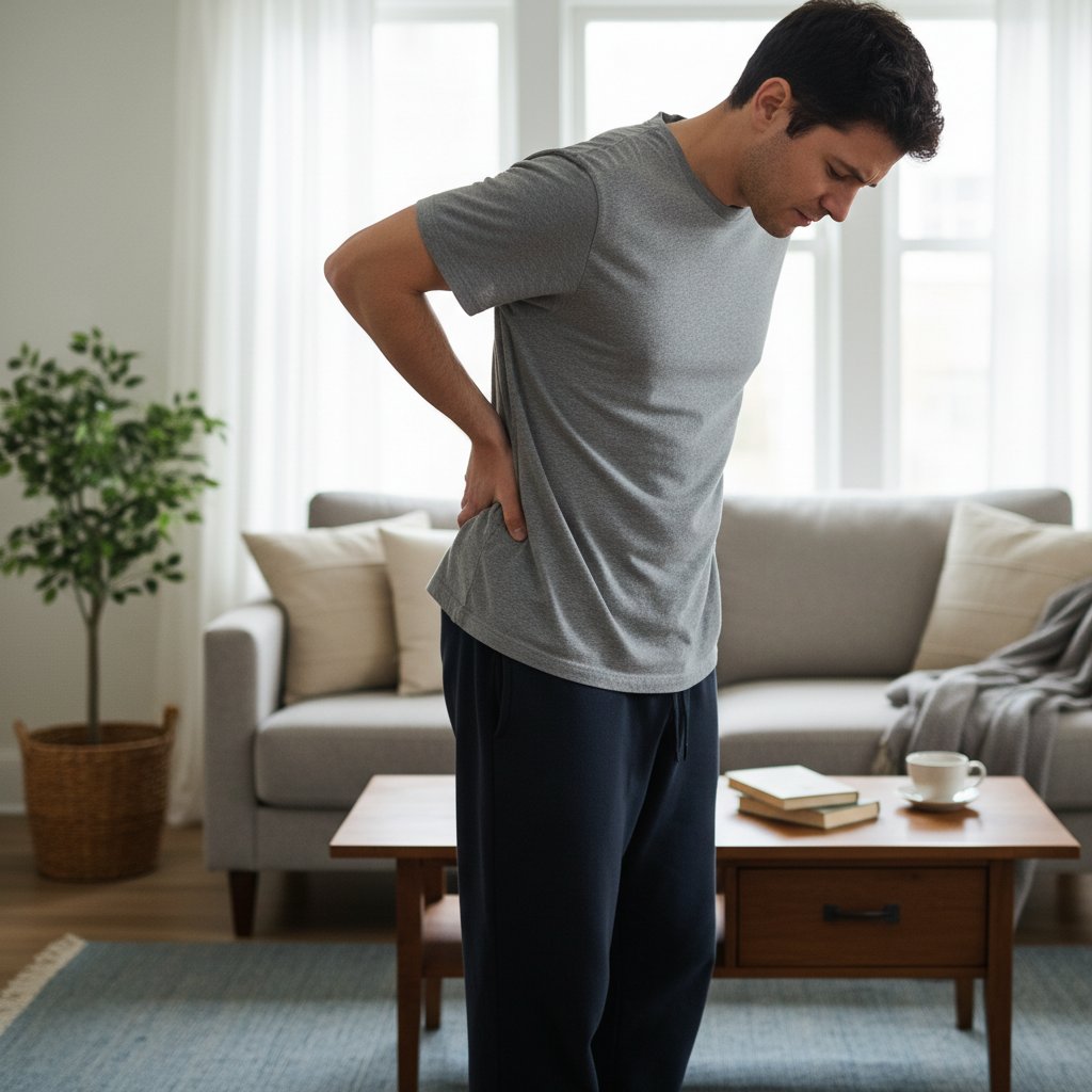 Osoba trzymająca się za lędźwie, sugerująca ból nerek, zdjęcie domowe