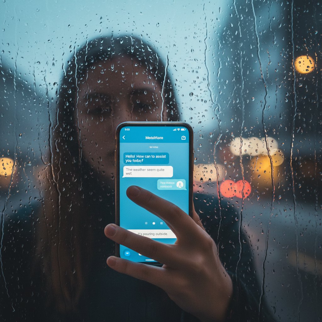Rozmowa z AI o emocjach – Osoba trzymająca telefon z AI chatem w odbiciu deszczowego okna