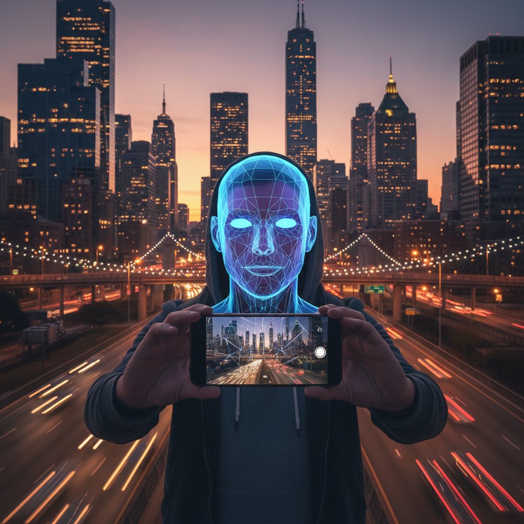 Osoba z telefonem w dłoni, na ekranie cyfrowy avatar, obok realna osoba, rozmyte tło miasta