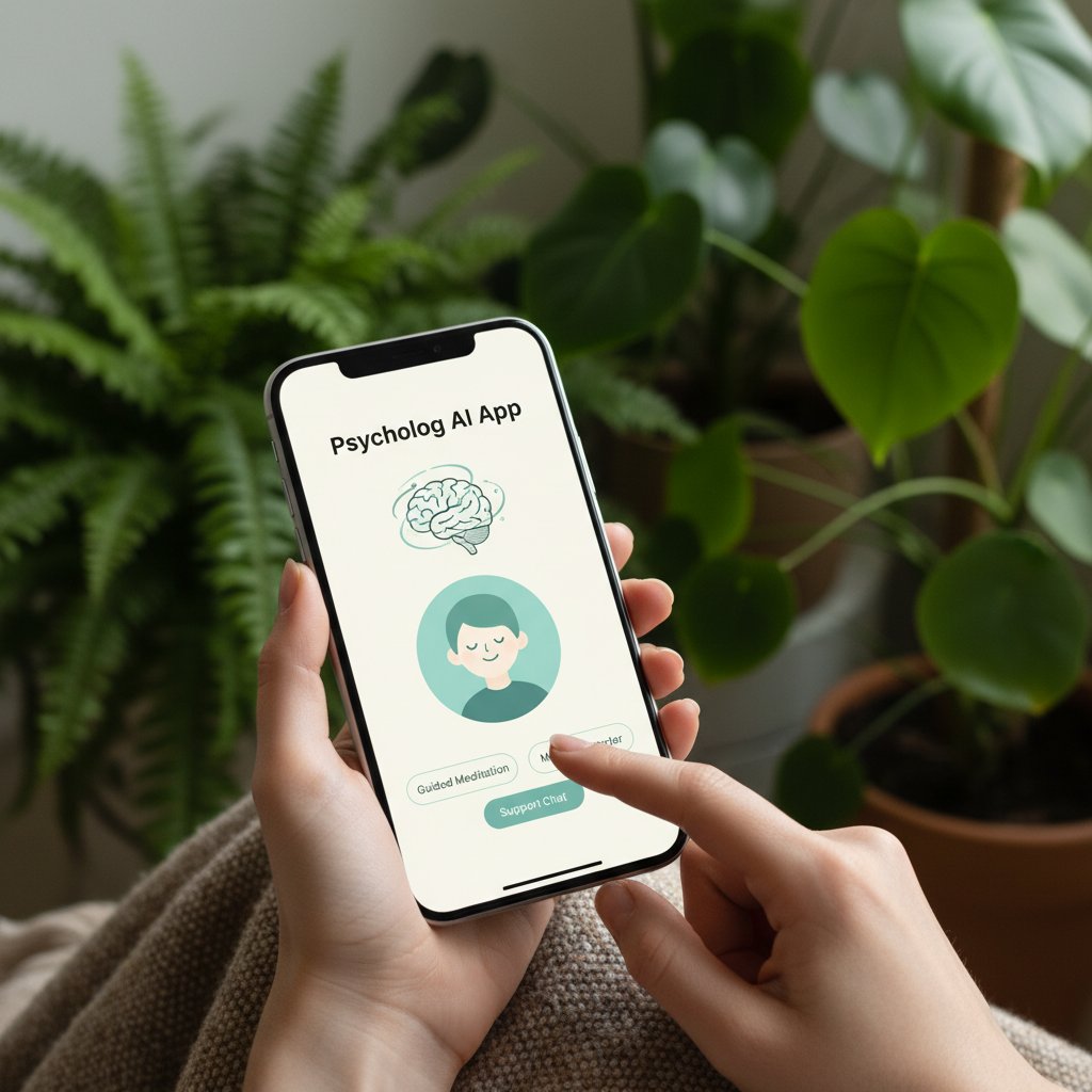 Osoba trzymająca telefon, na ekranie aplikacja psycholog.ai, obok spokojna roślinność – wsparcie AI przy eksploracji świadomości