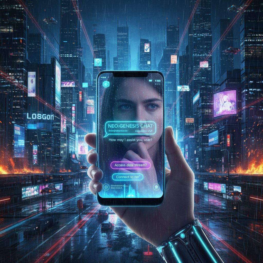 Osoba trzymająca smartfon z interfejsem chatbota terapeutycznego, nocne miasto w tle, cyberpunkowy klimat