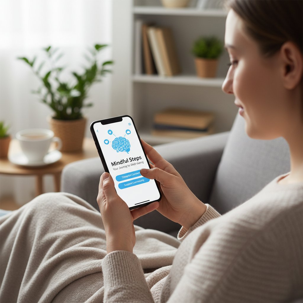 Osoba trzymająca smartfon z aplikacją do wsparcia zdrowia psychicznego — symbol nowoczesnych rozwiązań terapeutycznych