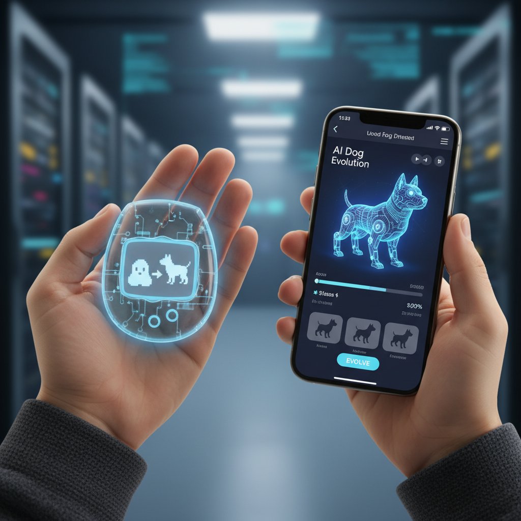 Młoda osoba z lat 90. trzymająca Tamagotchi, obok nowoczesny smartfon z aplikacją AI psa – porównanie ewolucji