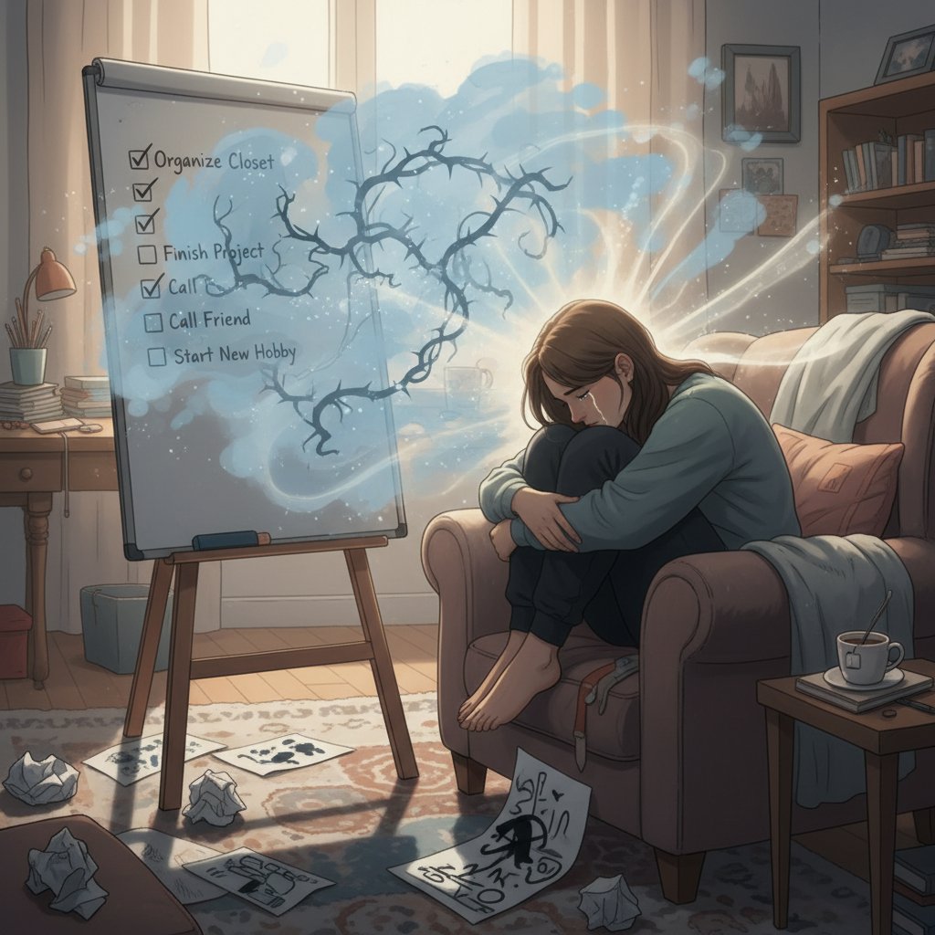 Osoba w domu wypełniająca listę autodiagnozy blokad emocjonalnych