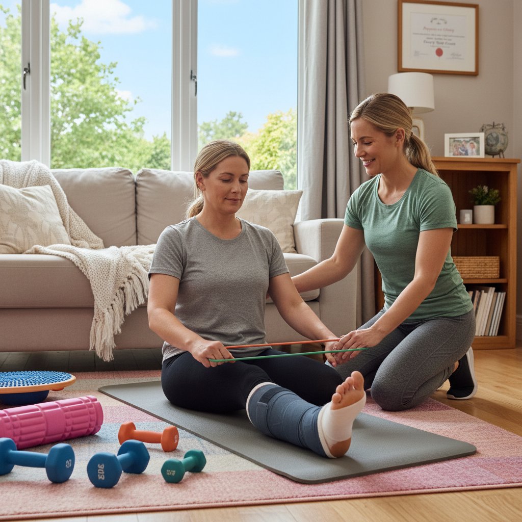 Osoba z opatrunkiem na nodze w domu, wykonująca ćwiczenia rehabilitacyjne