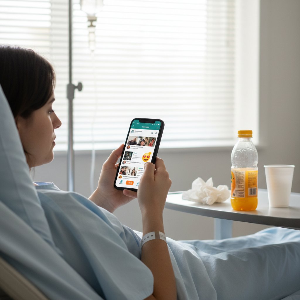 Osoba leżąca w szpitalnym łóżku, obok telefon z otwartą aplikacją społecznościową i butelka soku