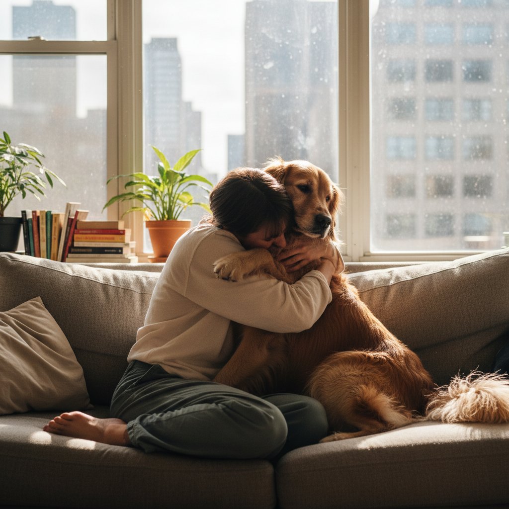 Osoba przytula psa w polskim mieszkaniu, atmosfera stresu i wsparcia