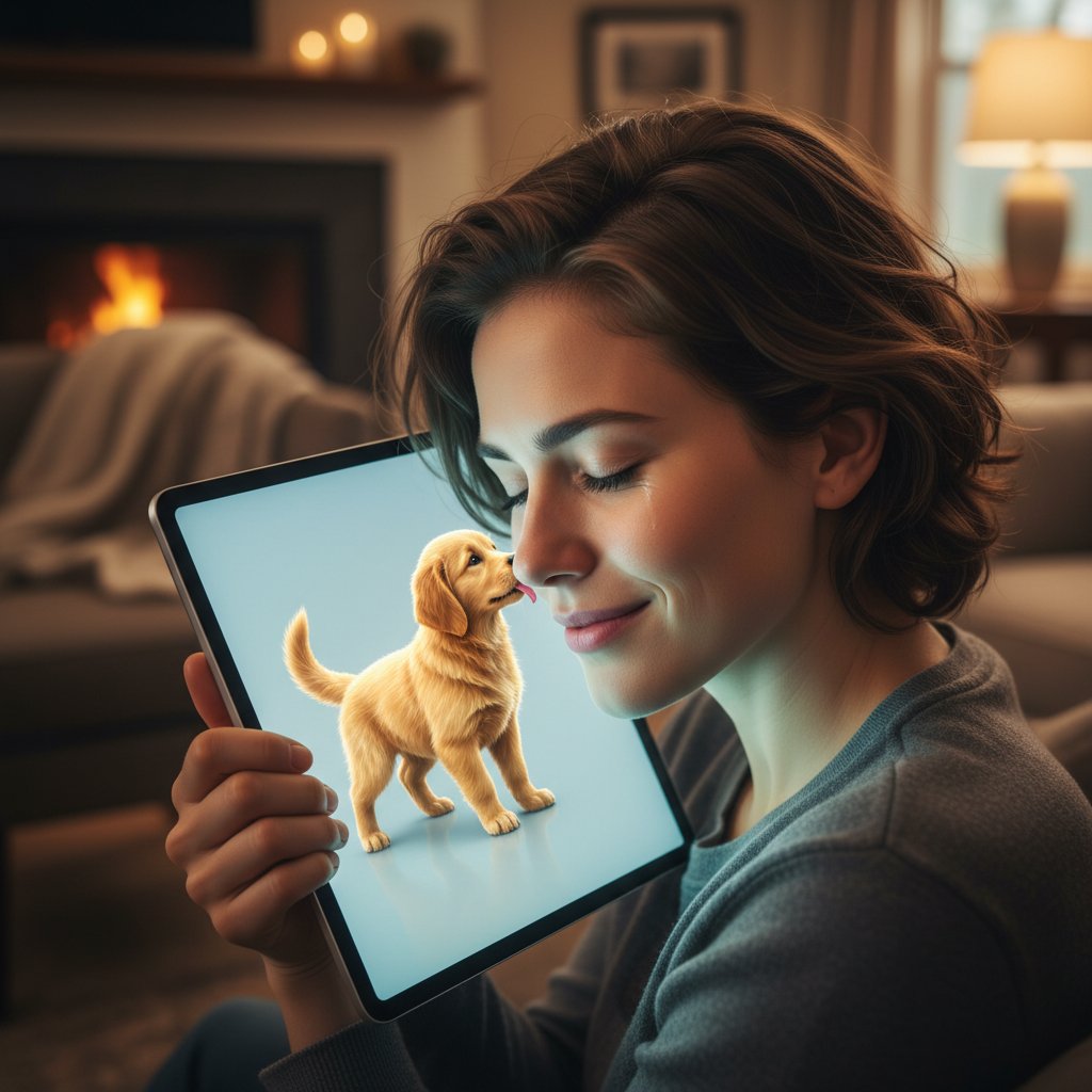 Osoba przytulająca tablet z realistycznym wirtualnym psem na ekranie, emocje na twarzy