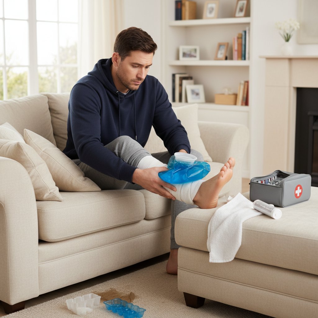 Zdjęcie osoby przykładającej lód do kontuzjowanej nogi w warunkach domowych, skręcenie, pierwsza pomoc