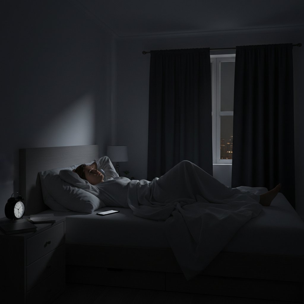 Osoba leżąca bezsennie w łóżku, przy zgaszonym świetle, symbolizująca walkę z hipopobudzeniem i bezsennością