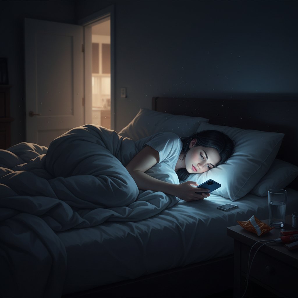 Person mit Handy im Bett, dunkle Umgebung, einziger Lichtschein vom Display – Symbol für digitale Isolation und Trost