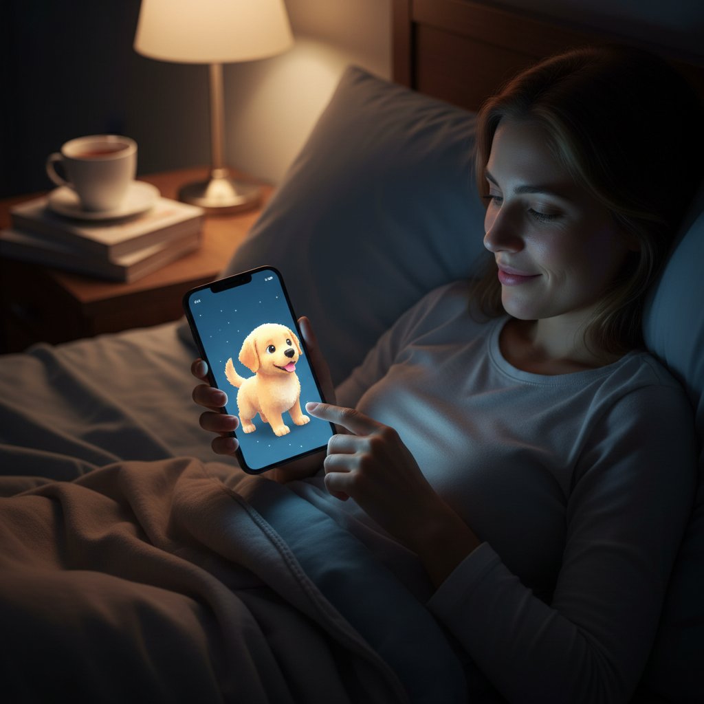 Osoba korzystająca ze smartfona w łóżku, ekran z wirtualnym psem, klimat nocnej intymności