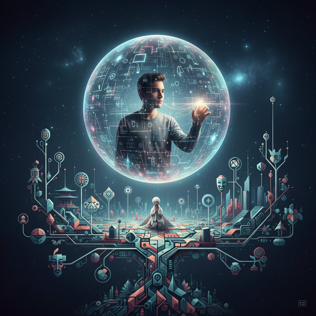 Osoba patrząca w telefon otoczona bańką, symbolizująca ograniczenie algorytmiczne w kulturze