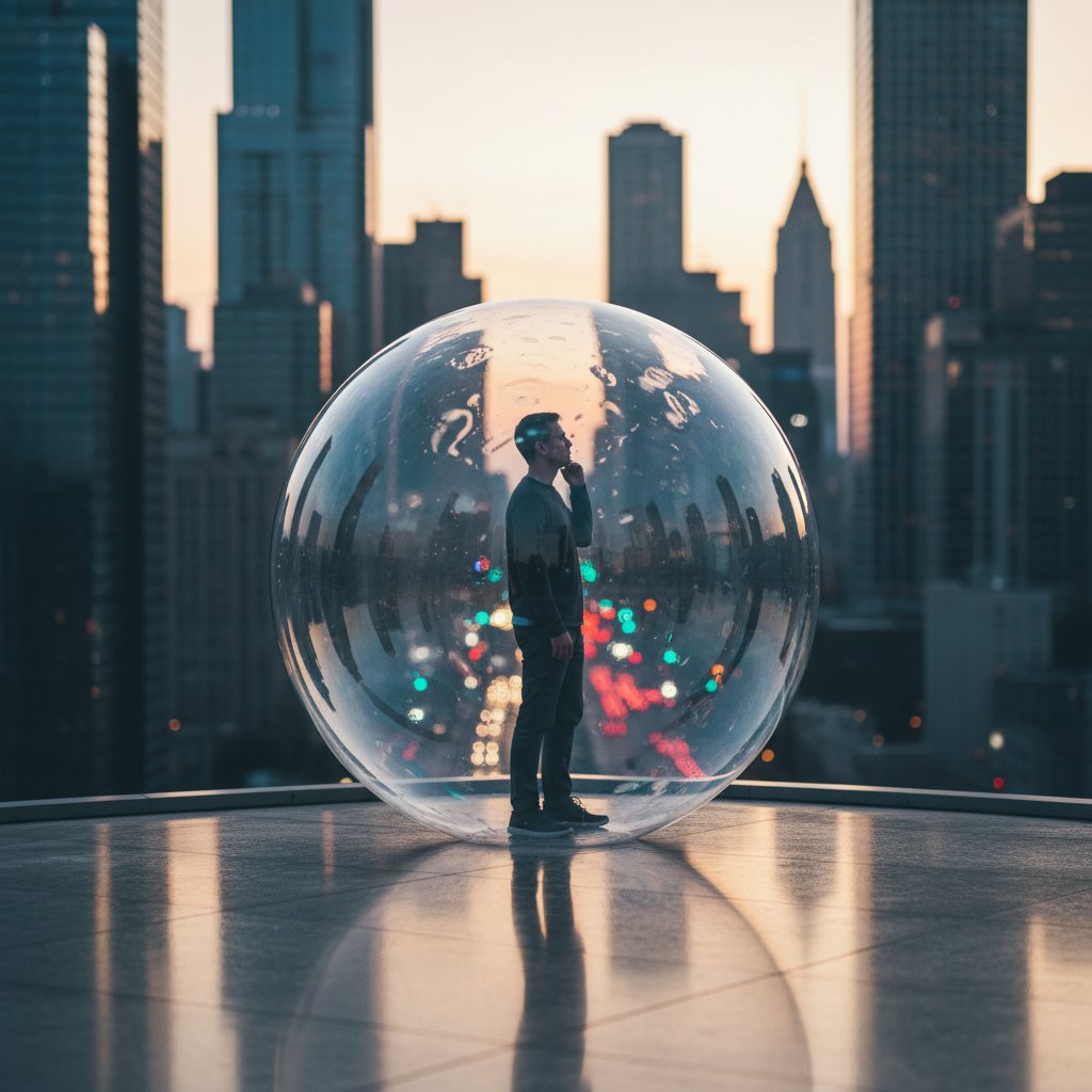 Osoba zamknięta w bańce, odizolowana od świata, symboliczny obraz utraty empatii