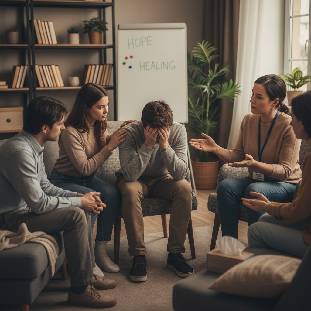 Zdjęcie osoby w kryzysie, otrzymującej wsparcie grupowe, atmosfera wsparcia