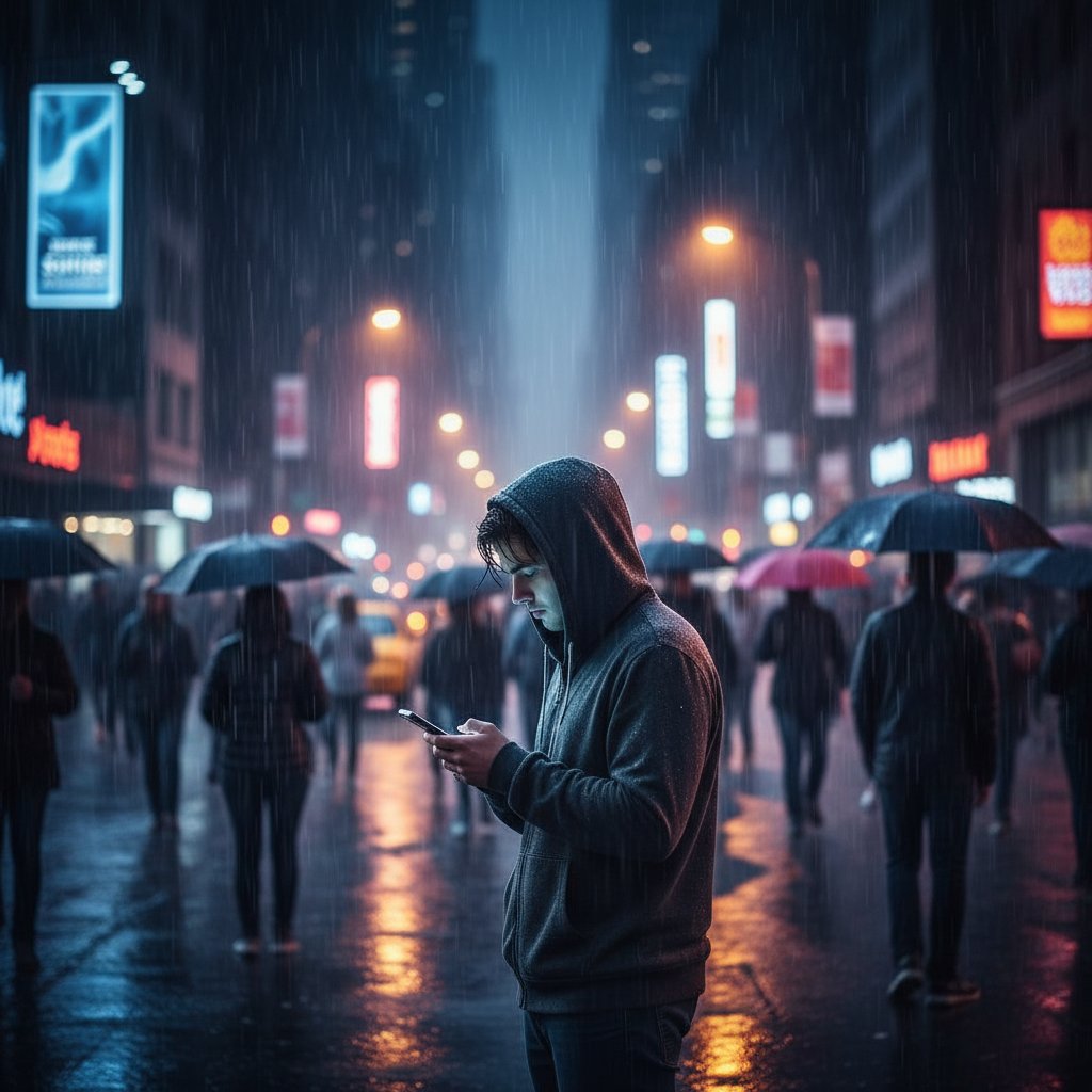 Osoba otoczona przez ludzi, ale patrząca w ekran, wyraźnie odizolowana emocjonalnie