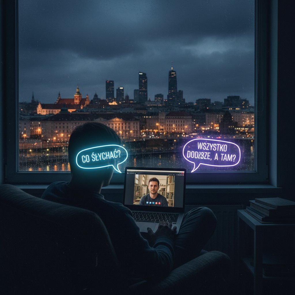 Osoba w ciemnym pokoju rozmawiająca przez laptopa z polskimi dymkami czatowymi za oknem