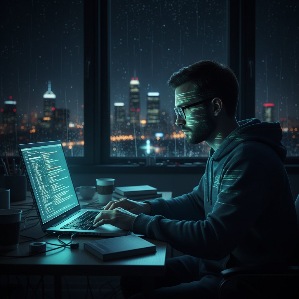 Osoba z laptopem, ekran rozświetla ciemny pokój, kod odbija się na twarzy – bezpieczeństwo online