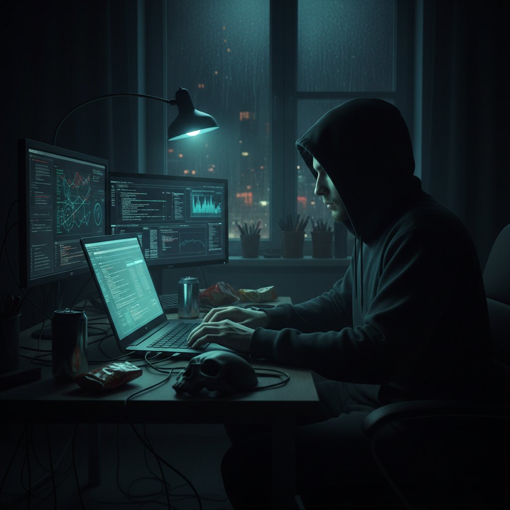 Osoba przed laptopem w ciemnym mieszkaniu – napięcie, przestępstwo internetowe