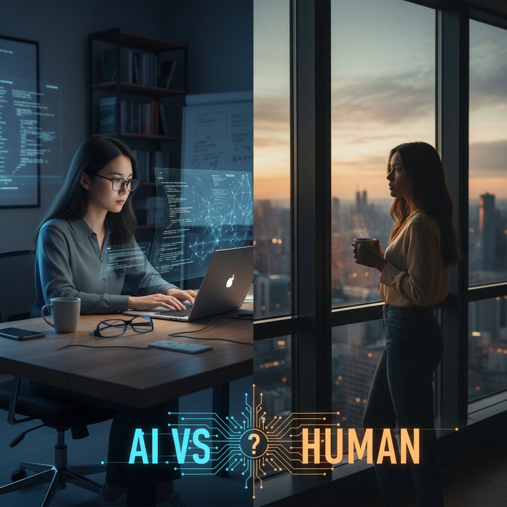 Zdjęcie: dwie osoby, jedna patrząca w ekran, druga w okno – symbol porównania AI i człowieka