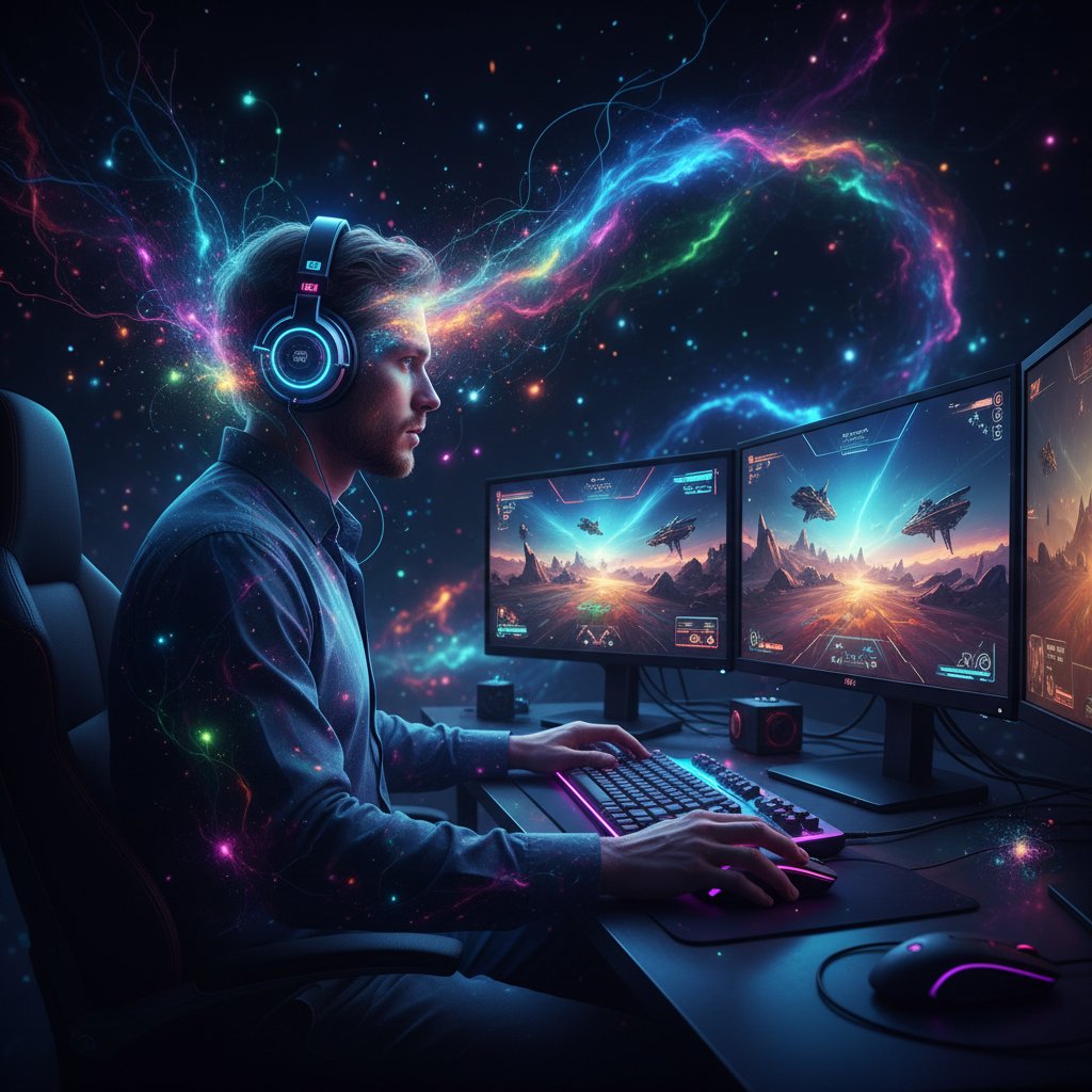 Osoba ze słuchawkami w ciemnym pokoju, kolorowe światło, gra komputerowa, procesy w mózgu