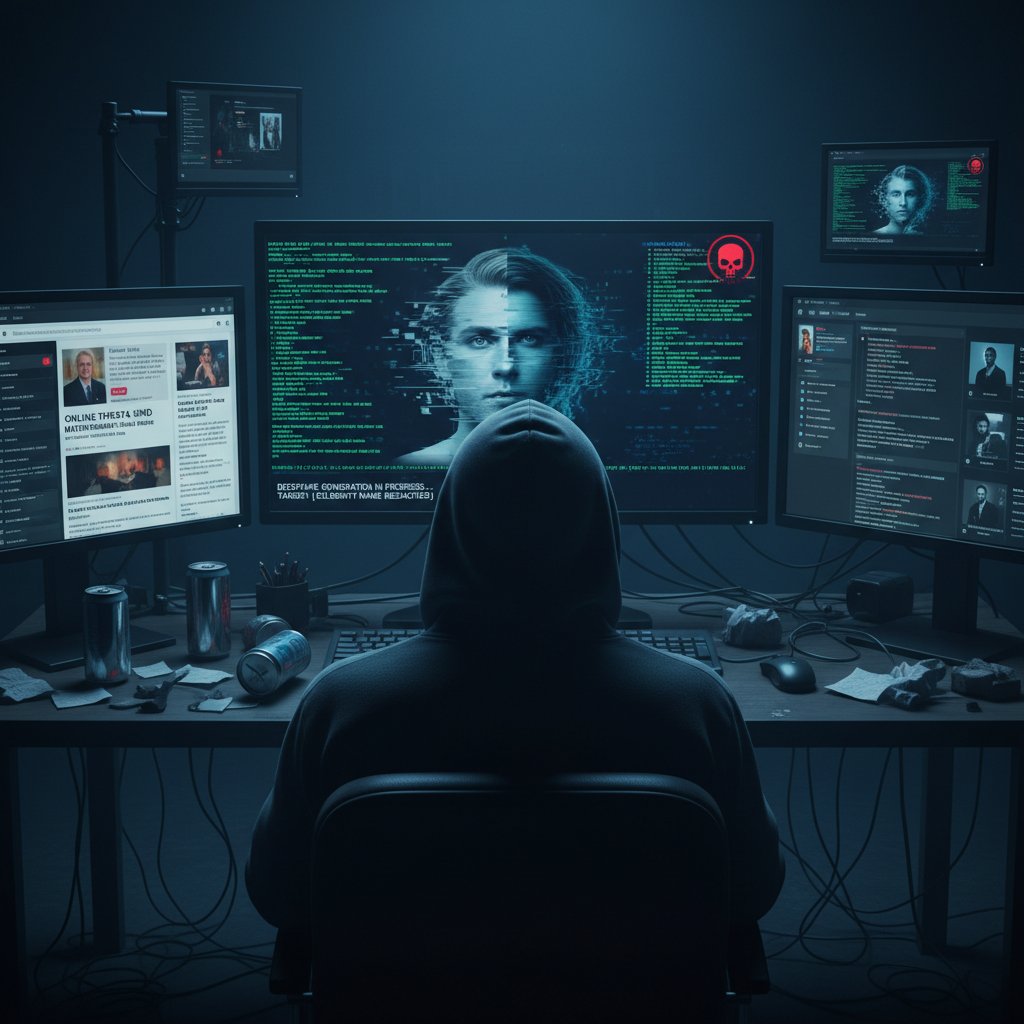 Osoba w kapturze przy komputerze, na ekranie generowanie deepfake, atmosfera zagrożenia online