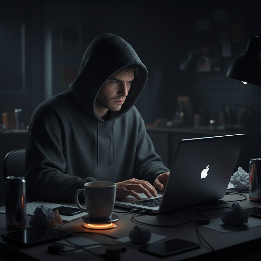 Człowiek w kapturze przy komputerze symbolizujący bunt wobec AI