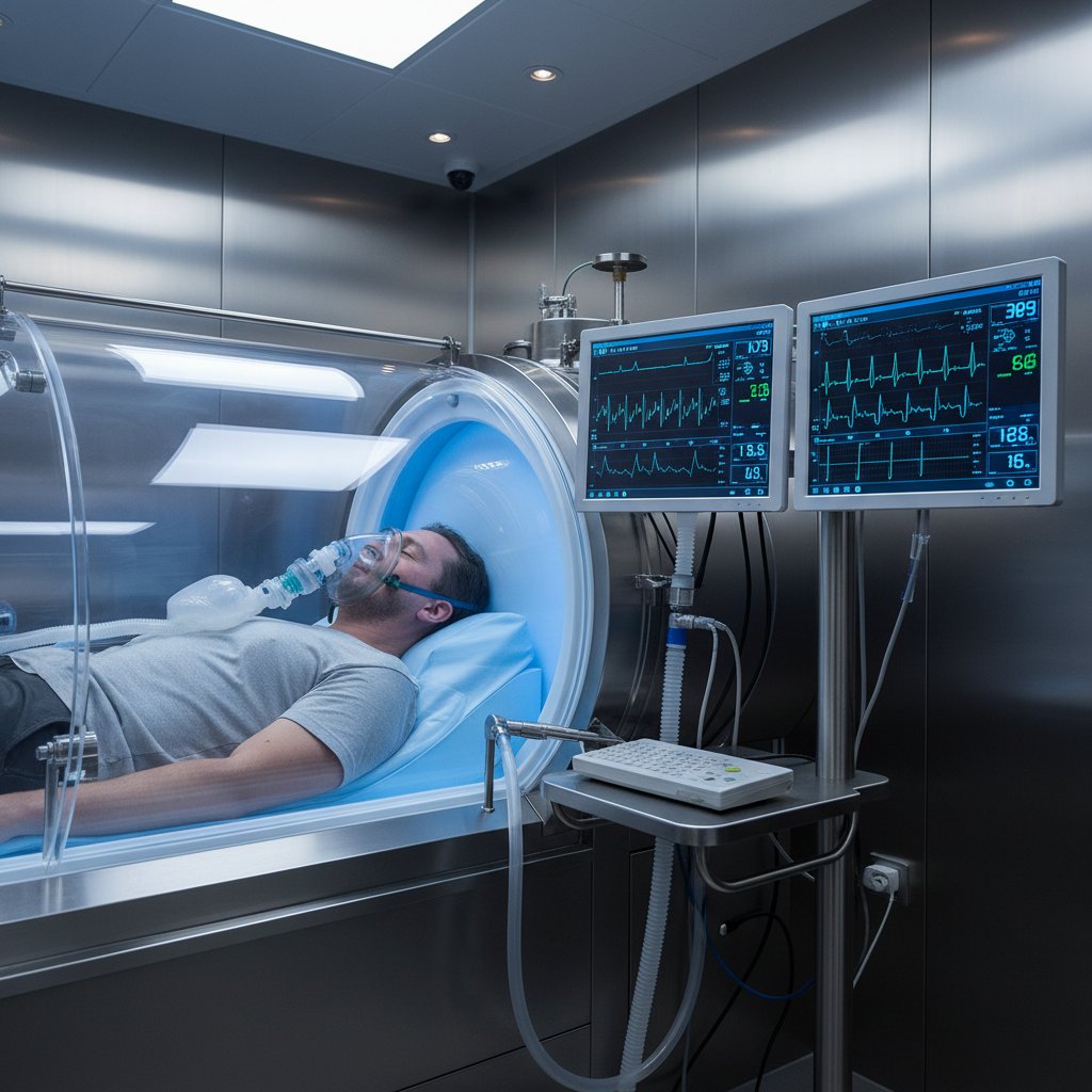 Osoba w nowoczesnej komorze hiperbarycznej z maską tlenową i ekranami monitorującymi parametry