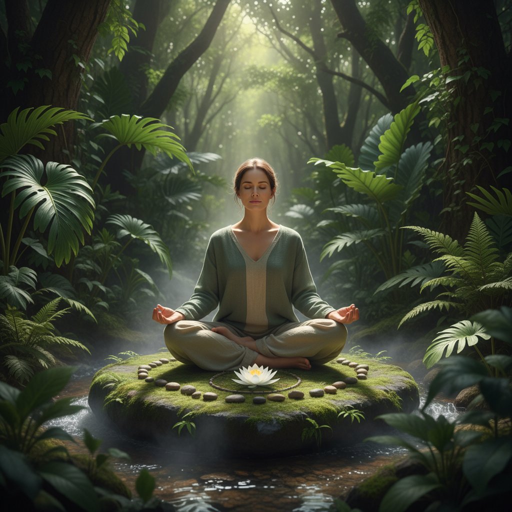 Osoba siedząca w pozycji lotosu, otoczona zielenią i spokojem