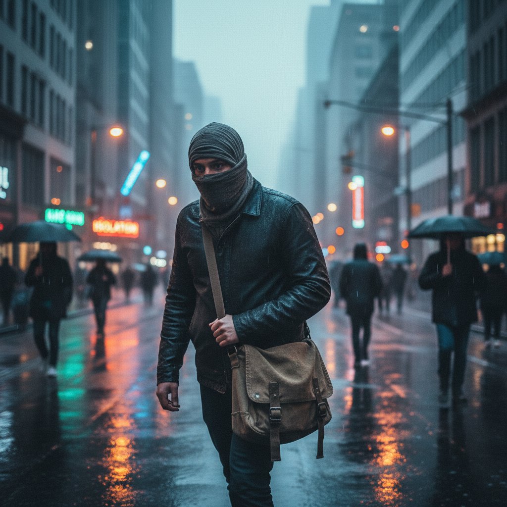 Osoba w maseczce patrzy niepewnie w lustro, w tle wieczorne światło miasta