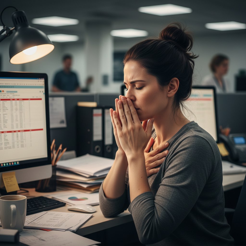 Osoba w biurze, zamyślona, stosująca technikę oddechową w przerwie