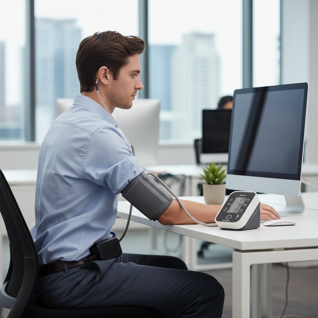 Osoba w pracy biurowej z widocznym holterem ciśnieniowym