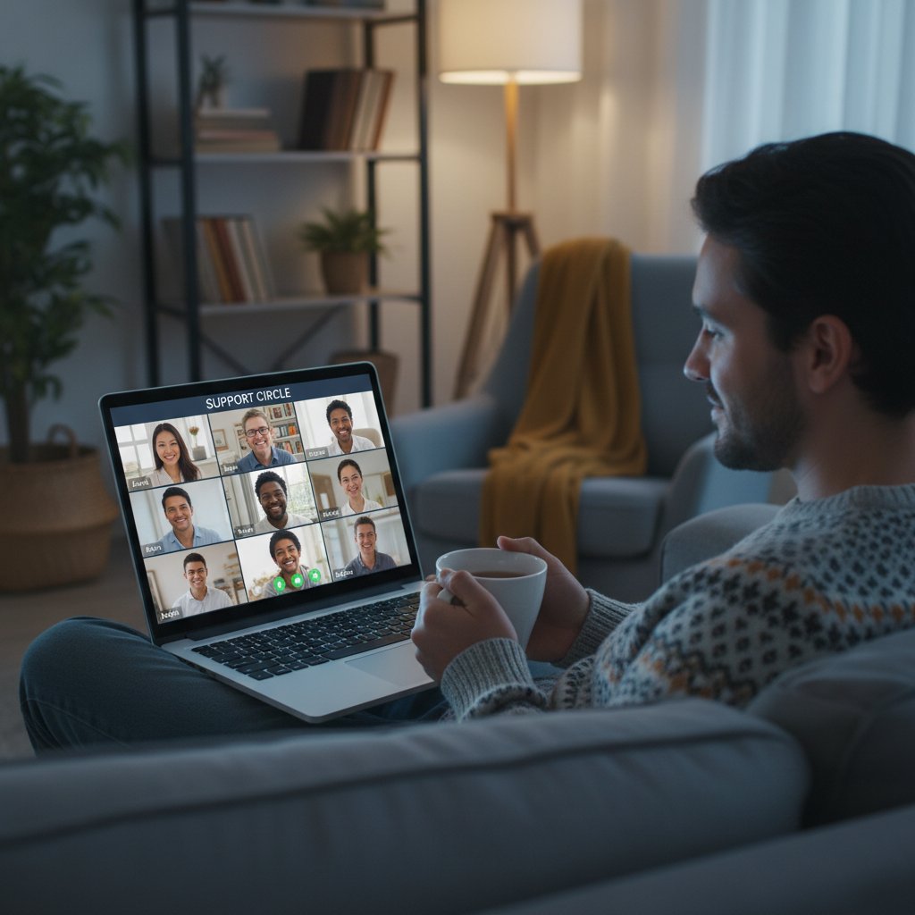 Osoba uczestnicząca w grupie wsparcia online przez laptopa