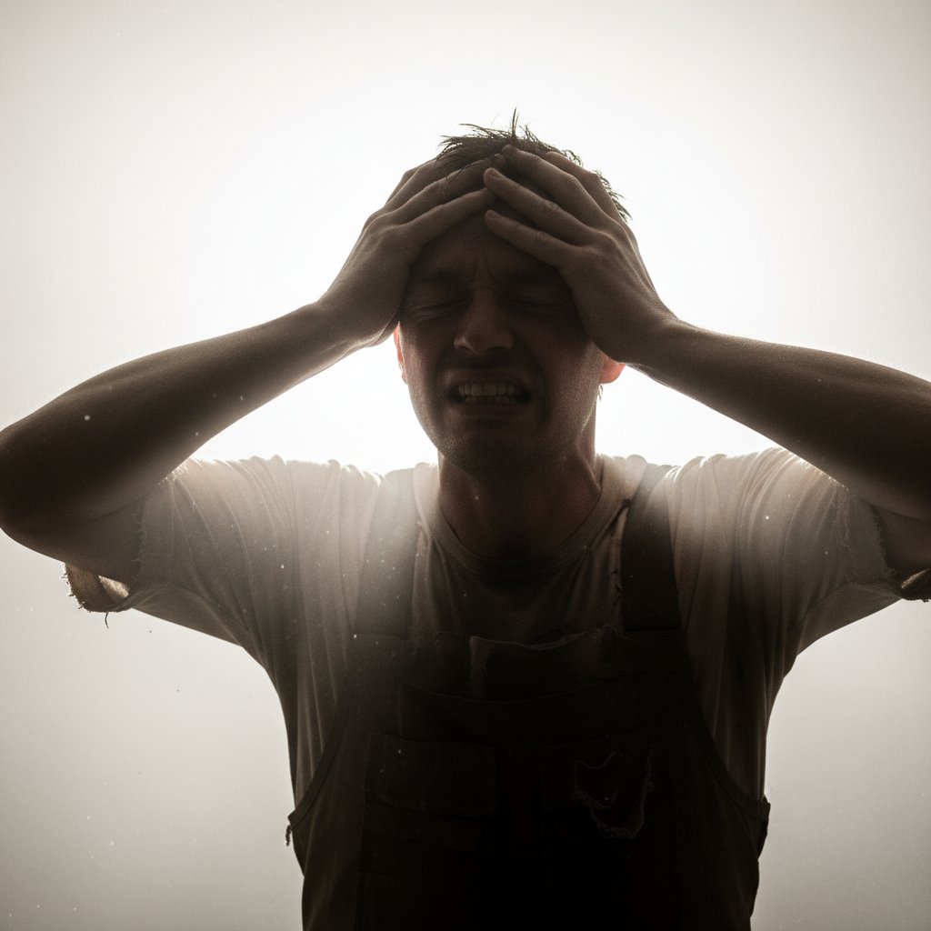 Osoba z bólem oka, odwracająca twarz od światła, z wyraźnymi objawami zapalenia tęczówki