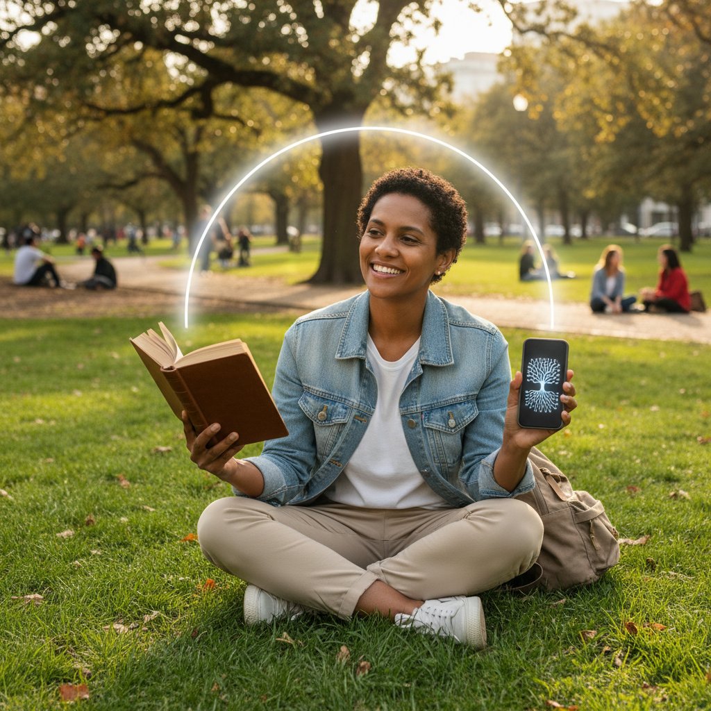 Osoba w parku, uśmiechnięta, trzymająca telefon i książkę, równowaga cyfrowa