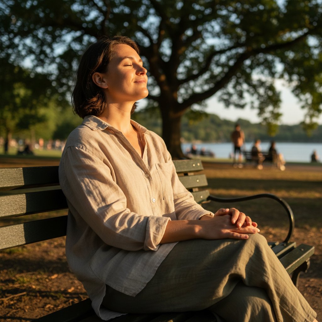 Zdjęcie osoby siedzącej w parku z zamkniętymi oczami, praktykującej akceptację