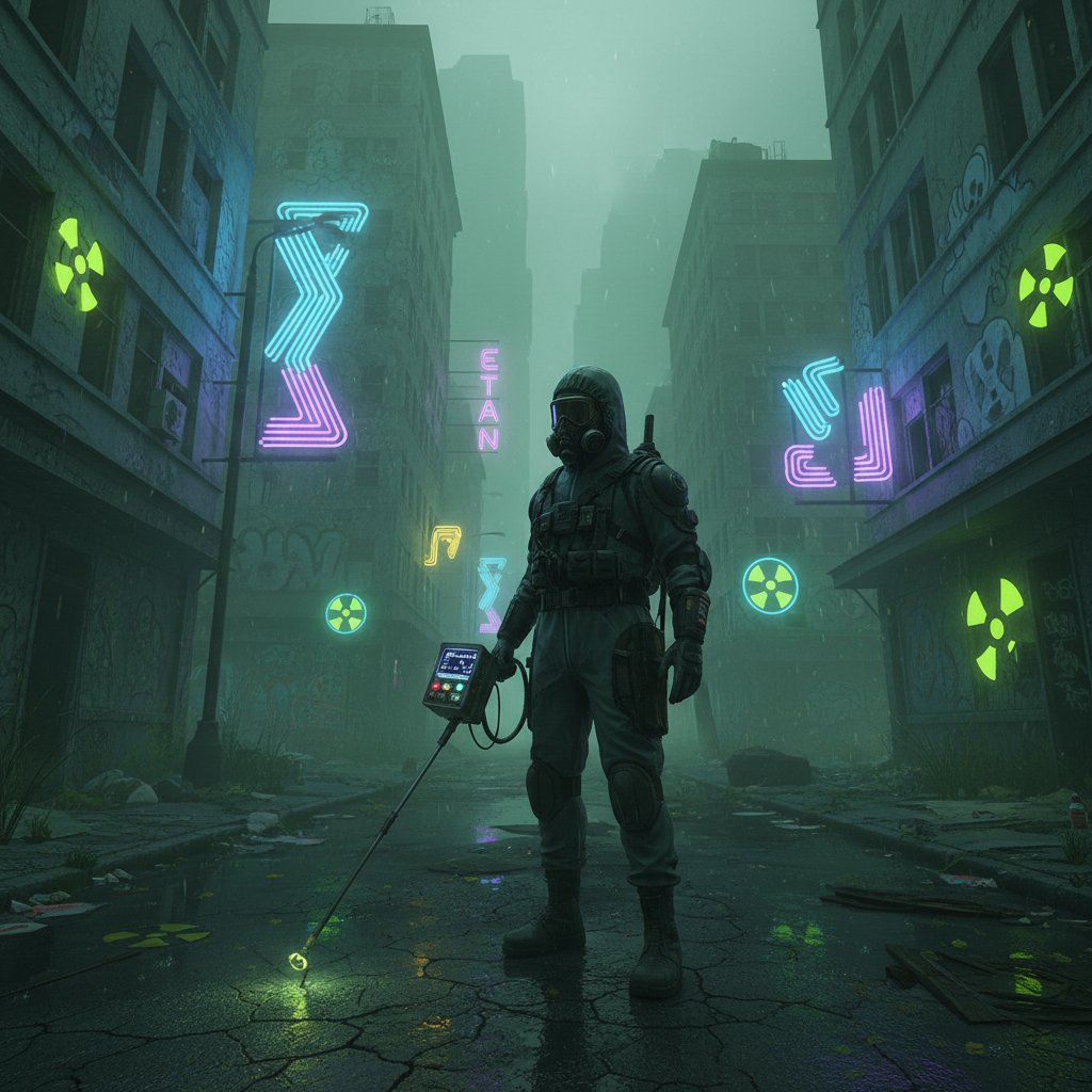 Osoba ubrana w nowoczesny strój ochronny z licznikiem Geigera stoi samotnie na pustej ulicy miasta o zmierzchu, odblaski neonów i symbole promieniowania w kałużach — ochrona przed promieniowaniem w miejskim krajobrazie