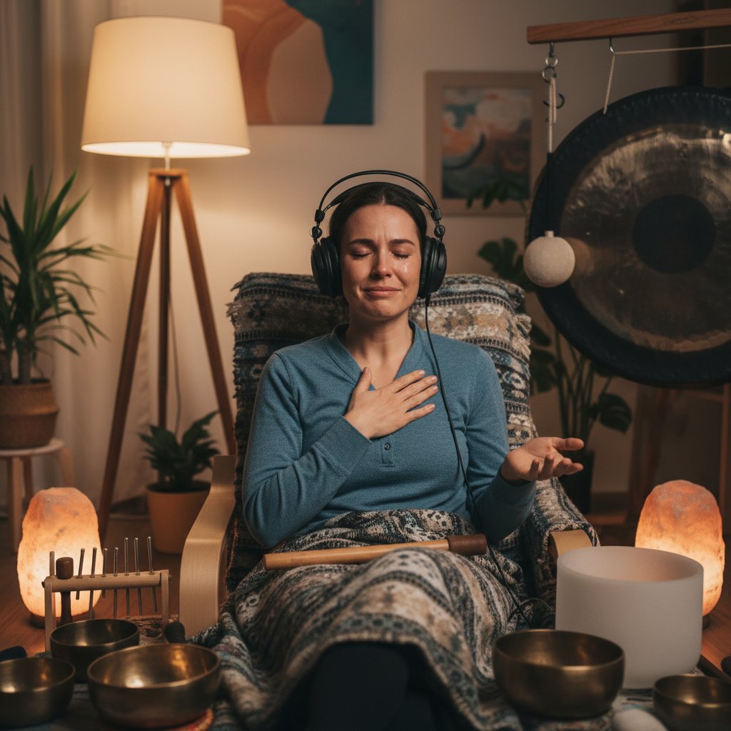 Osoba doświadczająca terapii dźwiękiem, intensywne emocje