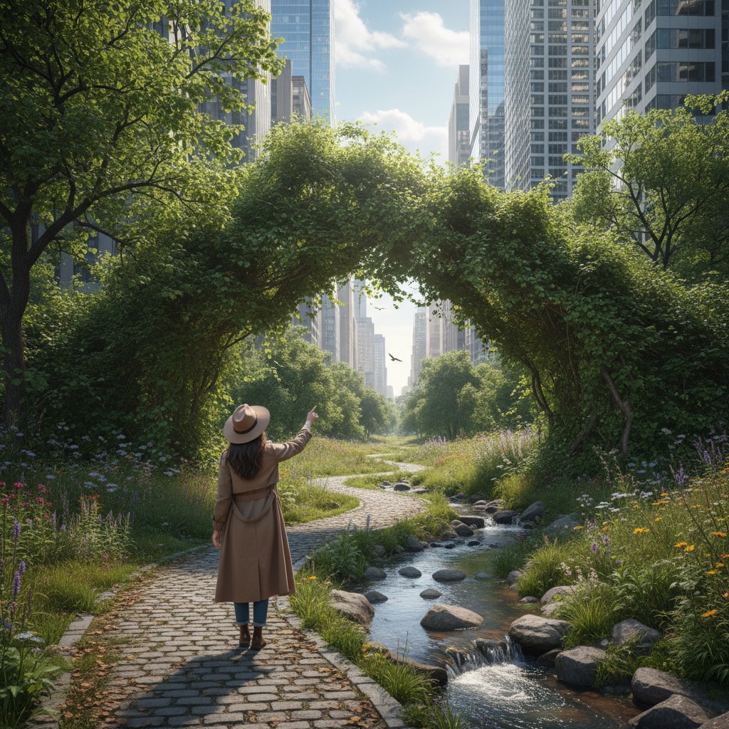 Osoba siedząca na ławce w parku miejskim otoczona drapaczami chmur, symbolizująca kontrast miasta i natury