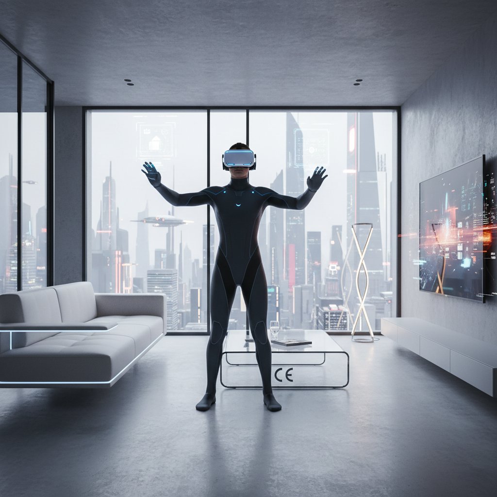 Przyszłość terapii – osoba w okularach VR w minimalistycznym polskim mieszkaniu