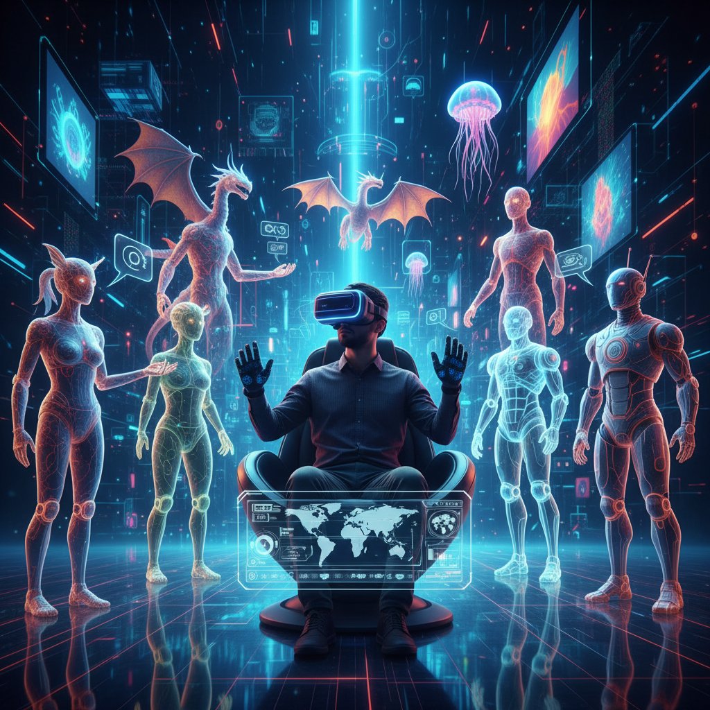 Osoba z zestawem VR, wokół niej wyświetlają się cyfrowe avatary – symbol współczesnego metawersum