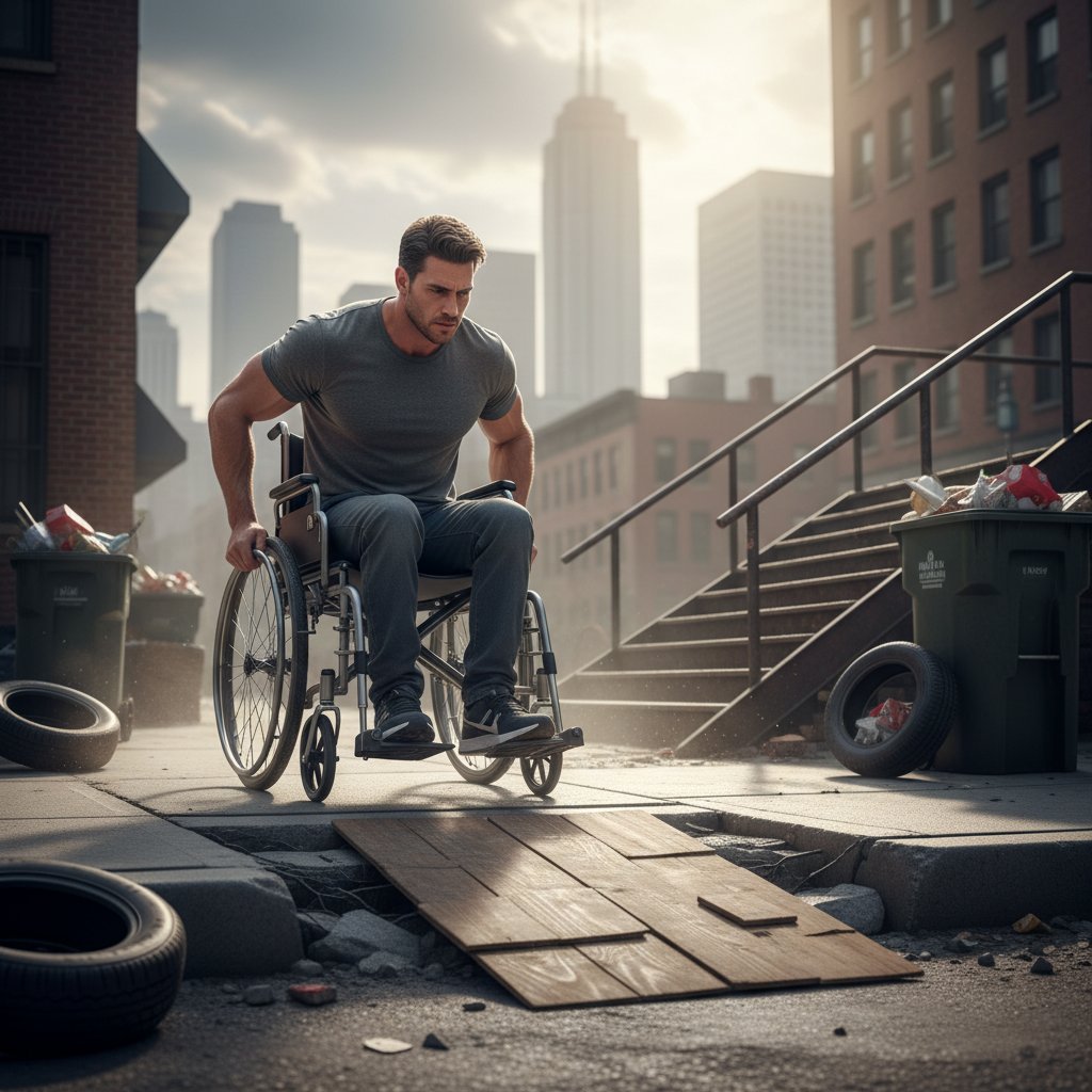 Osoba na wózku pokonująca miejskie przeszkody, symbolizująca siłę mentalną i determinację