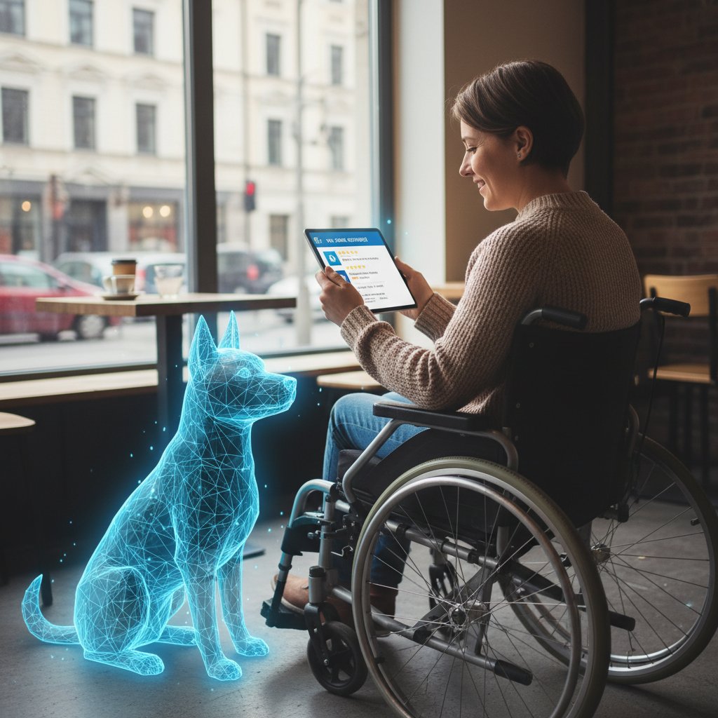 Osoba na wózku oglądająca recenzje wirtualnych psów asystujących na tablecie