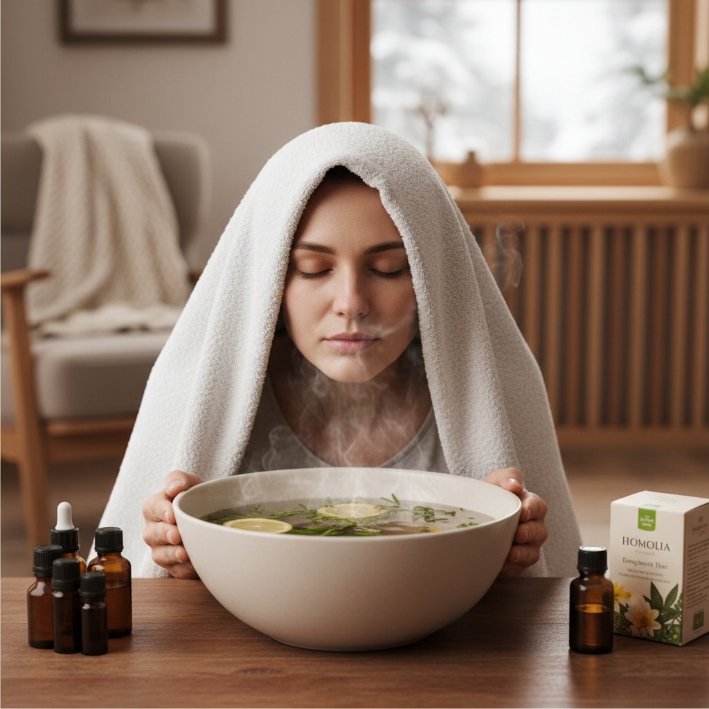 Zdjęcie osoby wykonującej inhalację nad miską gorącej wody w domowych warunkach